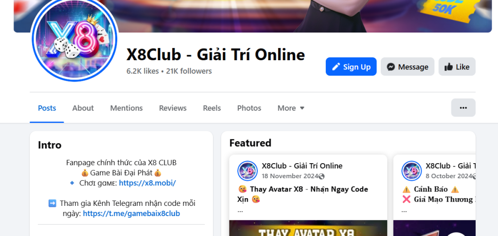 Fanpage chính thức của X8 là “X8Club – Giải Trí Online”